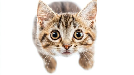 Naklejka premium Surprised cat in mid-jump, isolated on white.