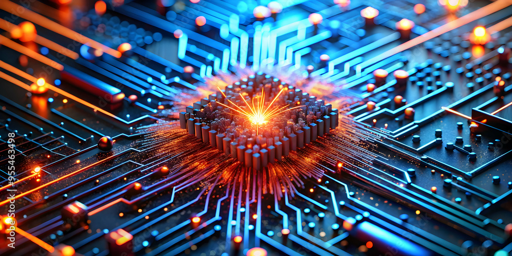 Poster the heart of innovation: a mesmerizing close-up of a glowing cpu, the beating heart of technological