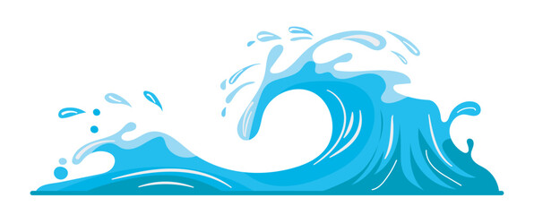 Blue ocean wave vector flat illustration showing a dynamic curvature of the water in a horizontal format highlighting the flow and crest of the wave