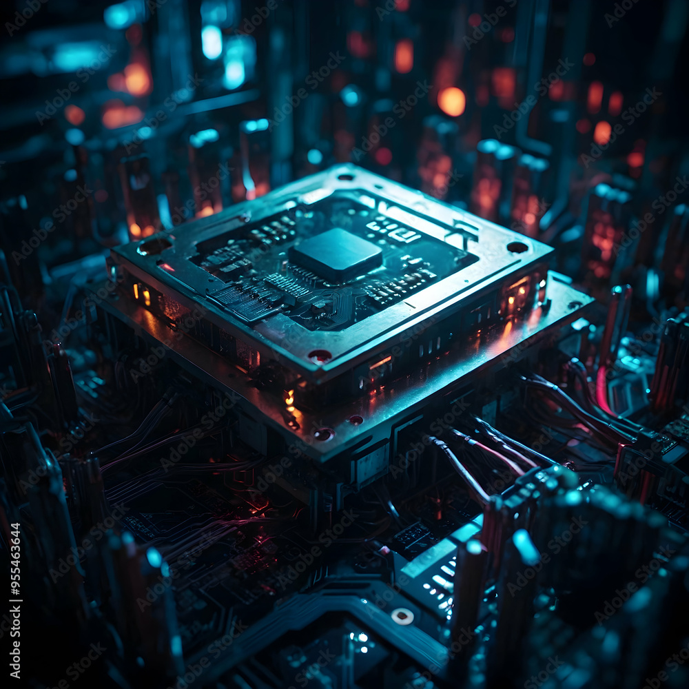 Poster cybernetic heartbeat: a close-up on a cpu pulsating with energy, set against a backdrop of intricate