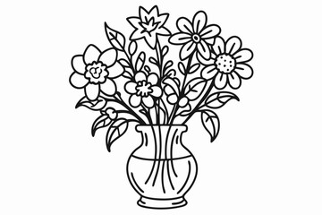 Black and white coloring book drawing flower vase vector art illustration