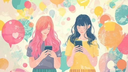 Teenage Digital Communication: Girls using smartphones, highlighting friendship and social media.