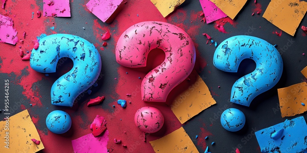 Poster colorful 3d question marks pattern on dark background