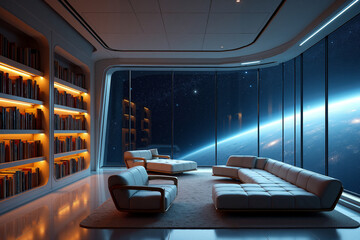 photo of concept swimming room inside spaceship and outer space in background, generative AI