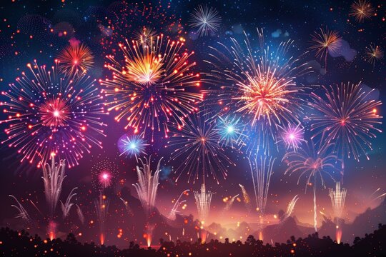 Colorful fireworks exploding in the night sky with vibrant bursts of blue, red, and gold, creating a stunning celebration display.