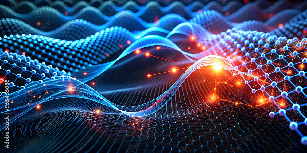 Poster quantum leap: abstract digital art, glowing orbs illuminate a mesmerizing web of interconnected node