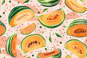 A colorful pattern featuring various slices of melons on a light background, showcasing their vibrant colors and textures.