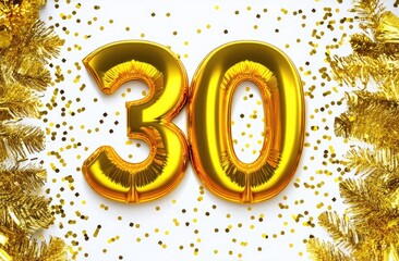 Fototapeta premium 3d number thirty made of balloons on festive background. birthday celebration, top view