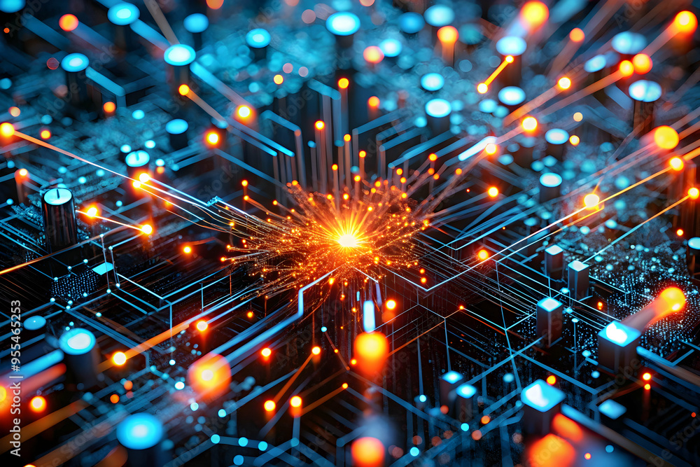 Poster neural network ignition: a vibrant 3d render of a complex neural network ablaze with energy, symboli