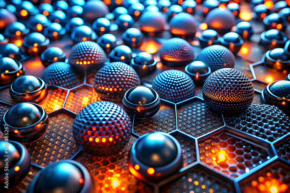 Poster cybernetic honeycomb: a mesmerizing 3d render of metallic orbs nestled within a glowing honeycomb st