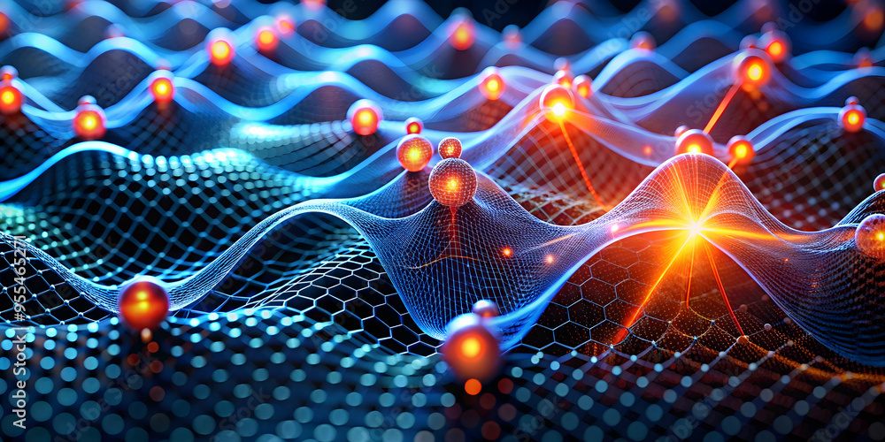 Poster quantum leap: abstract digital art, glowing orbs illuminate a mesmerizing web of interconnected node