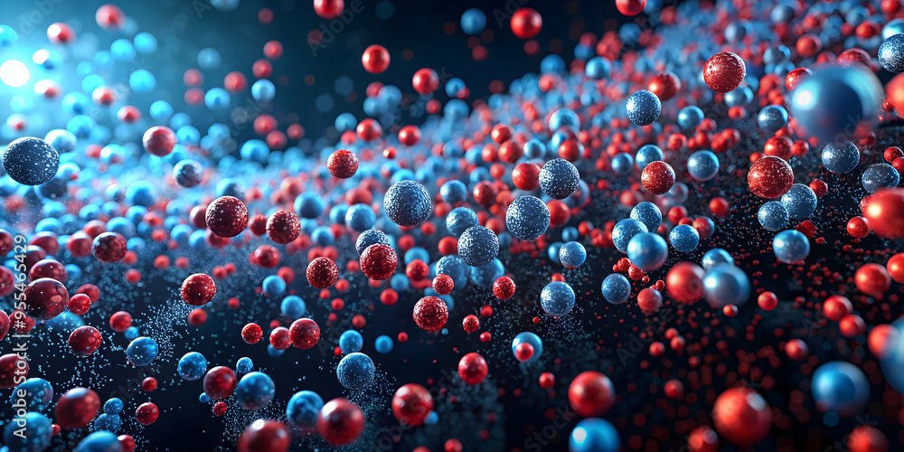 Poster quantum crossroads: a vibrant symphony of red and blue particles dance and collide in a dynamic netw
