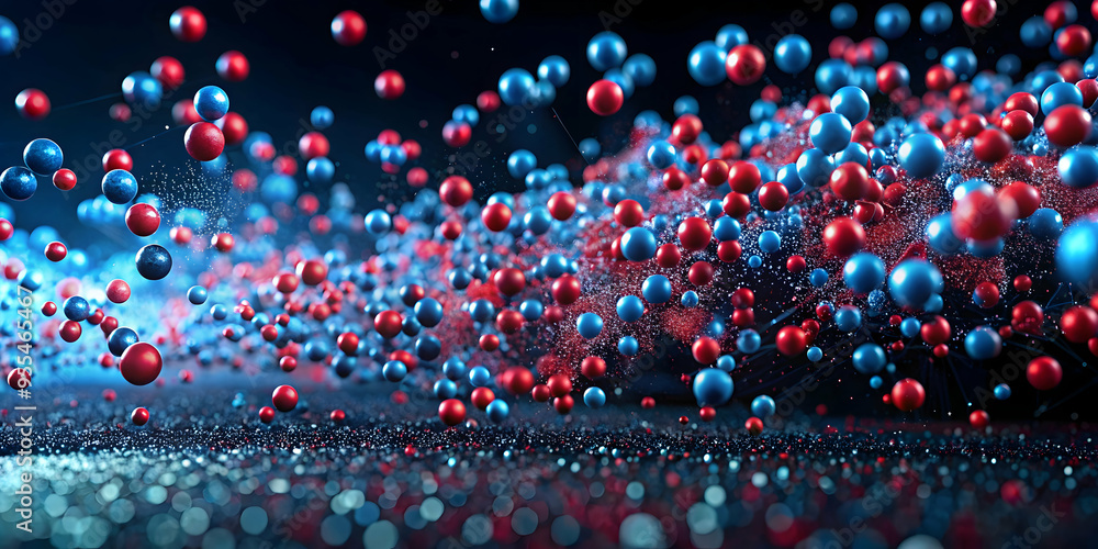 Poster quantum crossroads: a vibrant symphony of red and blue particles dance and collide in a dynamic netw
