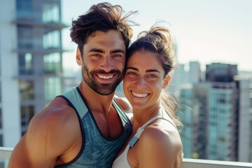 Obraz premium Portrait of friends working out together, showing support and motivation through hugs. Focused on teamwork in sports and fitness for cardio and strength goals