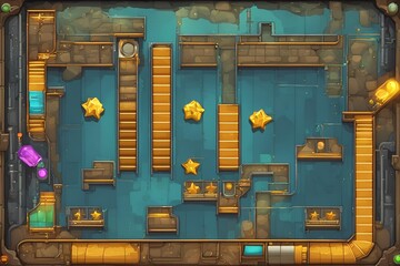 A retro arcade game level map interface with underground factory elements, featuring traps, steel platforms, coins, and golden stars, designed for a console or computer game