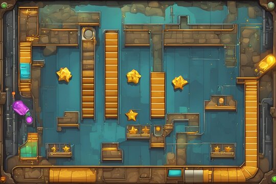 A retro arcade game level map interface with underground factory elements, featuring traps, steel platforms, coins, and golden stars, designed for a console or computer game
