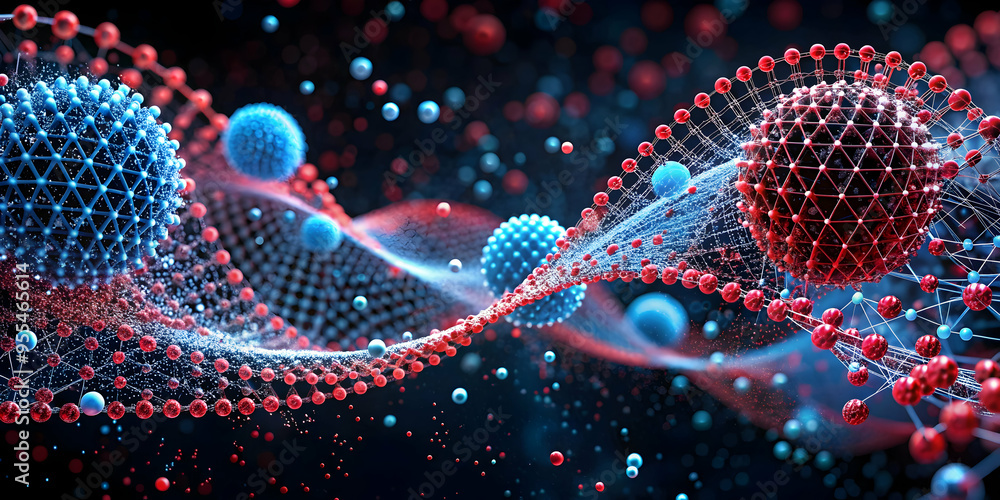 Poster quantum crossroads: a vibrant symphony of red and blue particles dance and collide in a dynamic netw