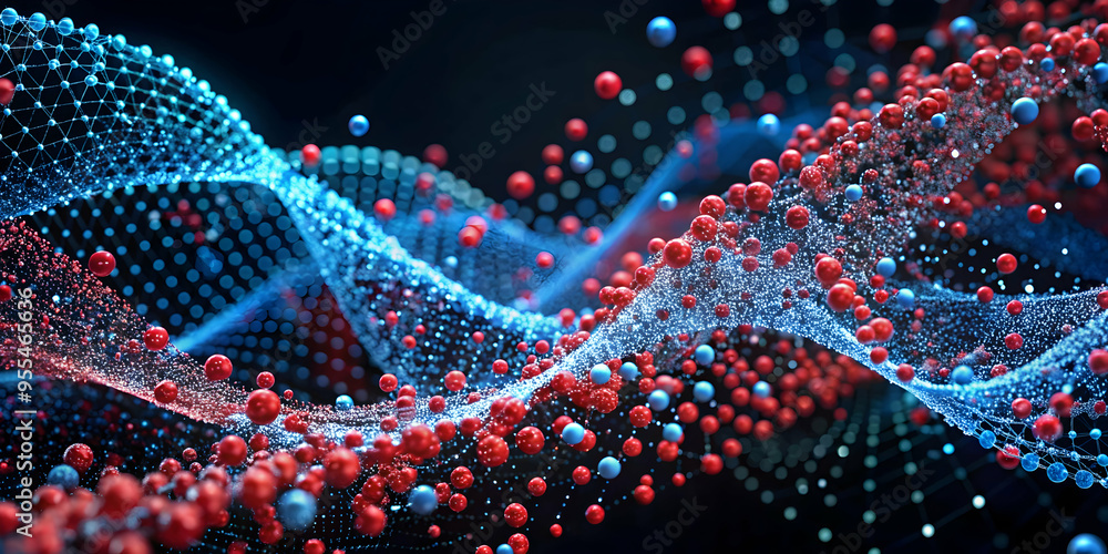 Poster quantum crossroads: a vibrant symphony of red and blue particles dance and collide in a dynamic netw