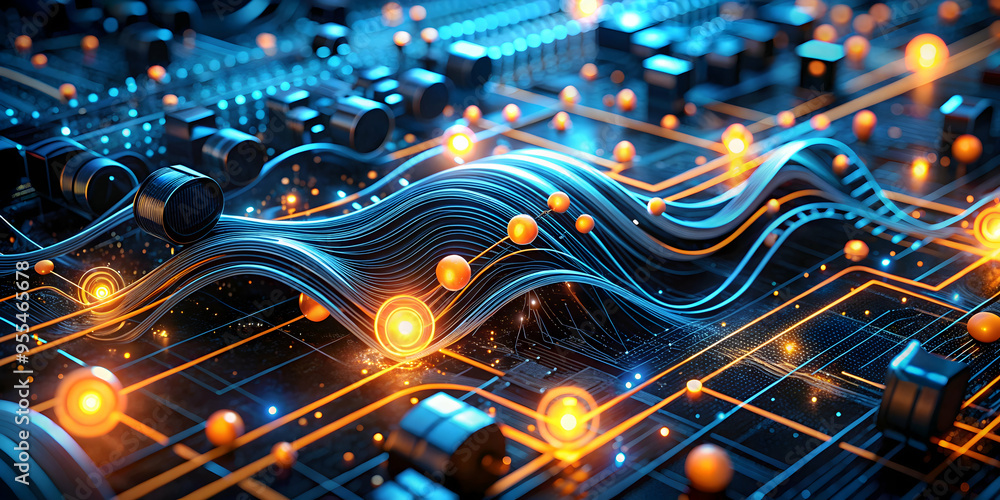Poster digital surge: a mesmerizing wave of data flows through a vibrant, glowing circuit board, symbolizin