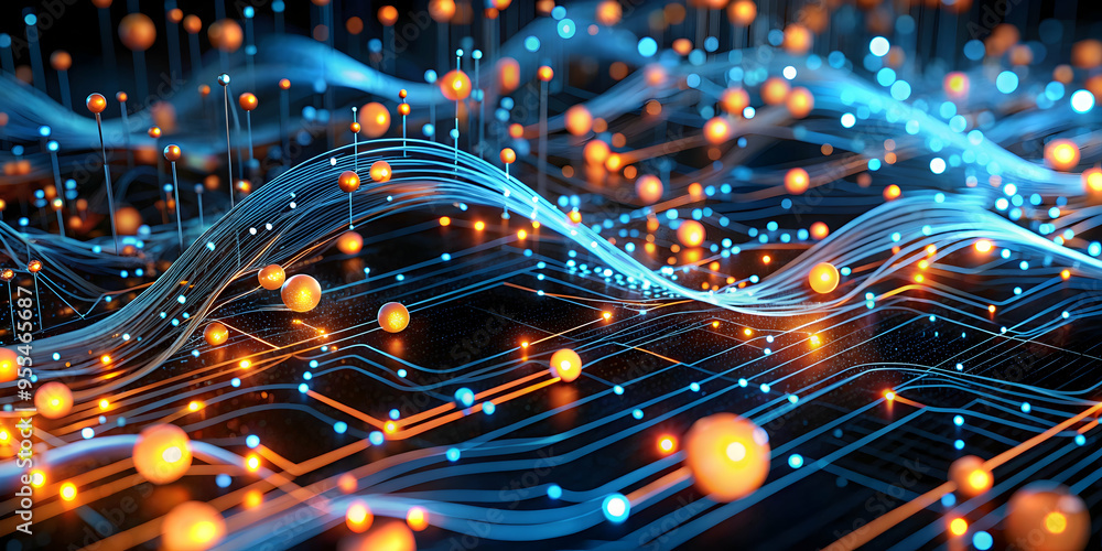 Poster digital surge: a mesmerizing wave of data flows through a vibrant, glowing circuit board, symbolizin