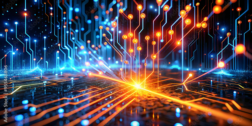 Poster digital highway: a mesmerizing 3d rendering of a futuristic cityscape, illuminated by glowing neon b