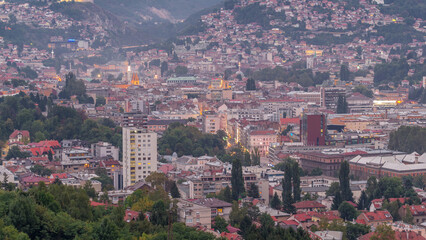 Obraz premium Aerial view of the historic part of Sarajevo city day to night timelapse.