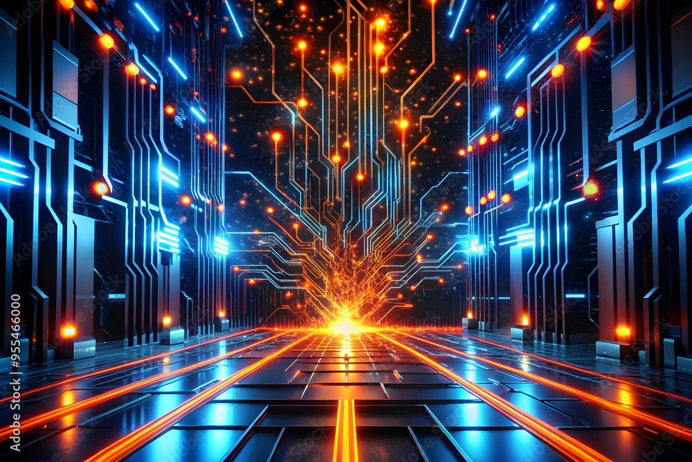 Poster digital highway: a mesmerizing 3d rendering of a futuristic cityscape, illuminated by glowing neon b