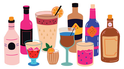 Alcohol drink vector for various beverages such as beer, cocktails, and liquor bottles