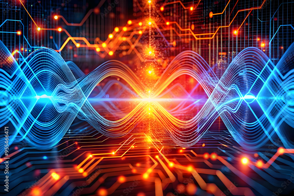 Poster digital fusion: a vibrant symphony of light and data, where red and blue circuits converge, symboliz