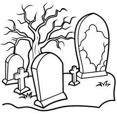 Spooky Graveyard Scene with Crooked Tombstones and Twisted Trees – Vector Coloring Book Design