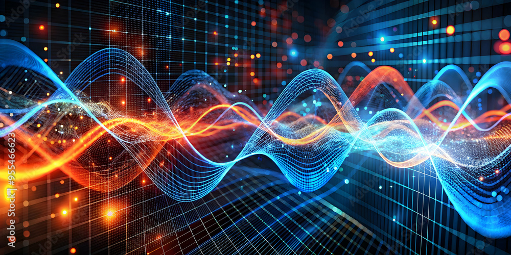 Poster digital wave: a mesmerizing abstract visualization of data flow, showcasing vibrant, dynamic waves a