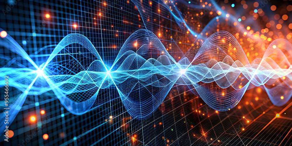 Poster digital wave: a mesmerizing abstract visualization of data flow, showcasing vibrant, dynamic waves a
