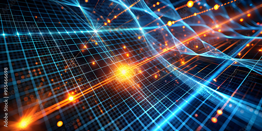 Poster digital horizon: a mesmerizing fusion of grids, waves, and luminous nodes paints a dynamic picture o
