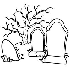 Spooky Graveyard Scene with Crooked Tombstones and Twisted Trees – Vector Coloring Book Design