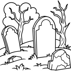 Spooky Graveyard Scene with Crooked Tombstones and Twisted Trees – Vector Coloring Book Design