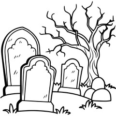 Spooky Graveyard Scene with Crooked Tombstones and Twisted Trees – Vector Coloring Book Design