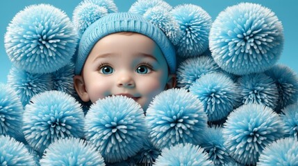 Baby Surrounded by Blue Pom Poms