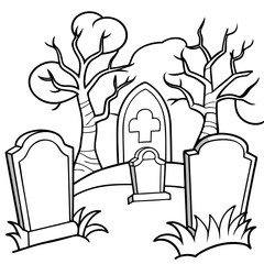 Spooky Graveyard Scene with Crooked Tombstones and Twisted Trees – Vector Coloring Book Design
