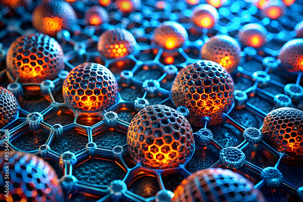 Poster nanotech grid: a mesmerizing 3d render of glowing, interconnected spheres forming a complex nanotech