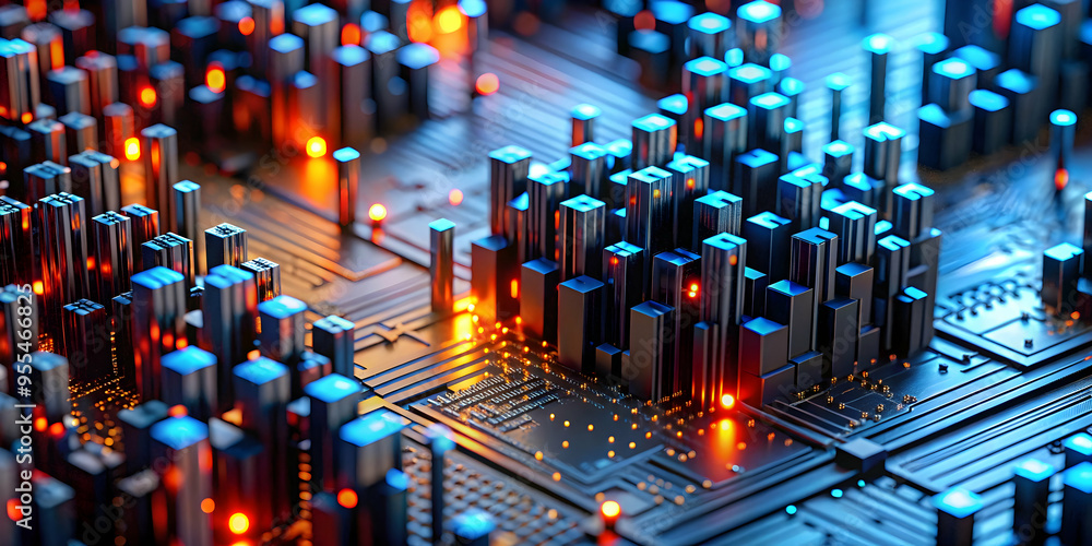 Poster cyber metropolis: a futuristic cityscape rises from a glowing circuit board, pulsating with energy a