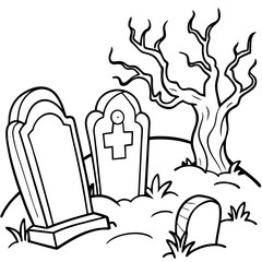 Spooky Graveyard Scene with Crooked Tombstones and Twisted Trees – Vector Coloring Book Design
