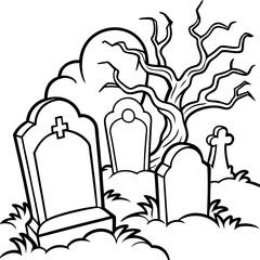 Spooky Graveyard Scene with Crooked Tombstones and Twisted Trees – Vector Coloring Book Design