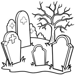 Spooky Graveyard Scene with Crooked Tombstones and Twisted Trees – Vector Coloring Book Design