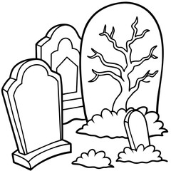 Spooky Graveyard Scene with Crooked Tombstones and Twisted Trees – Vector Coloring Book Design