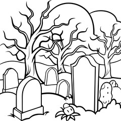Spooky Graveyard Scene with Crooked Tombstones and Twisted Trees – Vector Coloring Book Design