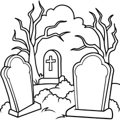 Spooky Graveyard Scene with Crooked Tombstones and Twisted Trees – Vector Coloring Book Design