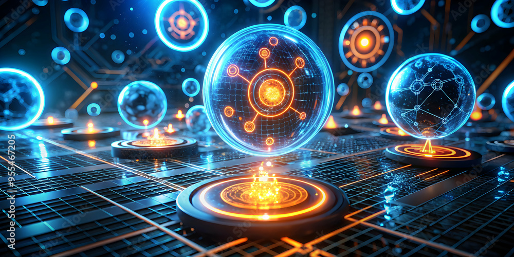 Poster abstract digital network: a mesmerizing 3d rendering of a futuristic network with glowing orbs and c