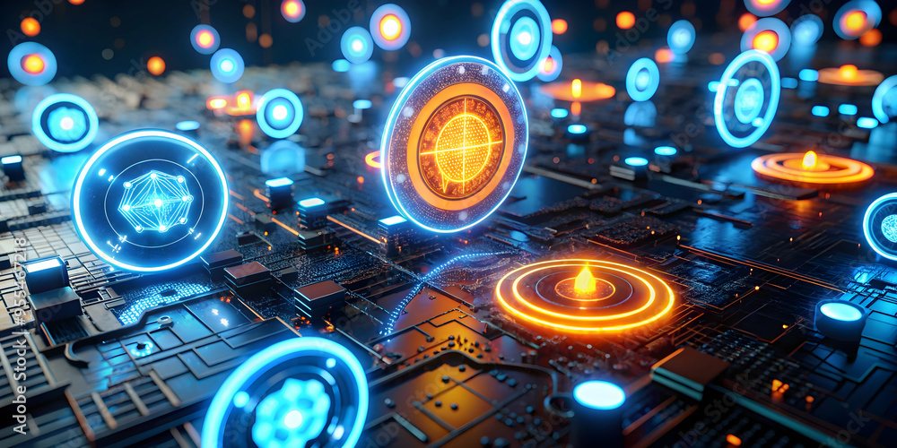 Poster abstract digital network: a mesmerizing 3d rendering of a futuristic network with glowing orbs and c