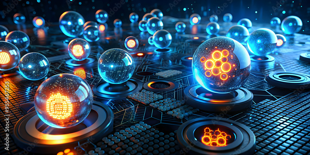 Poster abstract digital network: a mesmerizing 3d rendering of a futuristic network with glowing orbs and c