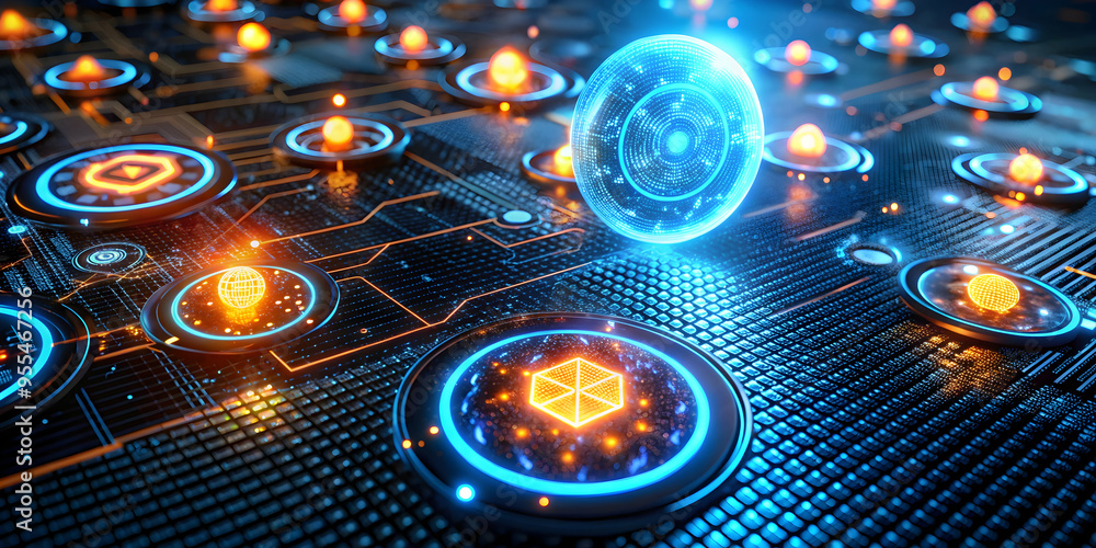 Poster abstract digital network: a mesmerizing 3d rendering of a futuristic network with glowing orbs and c
